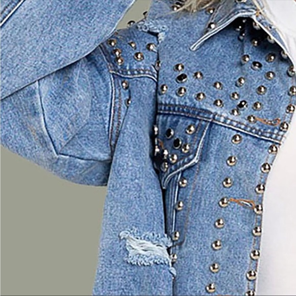 Beaded Pearls and Studs Oversized Distressed Denim Jean Jacket - Picture 7 of 13